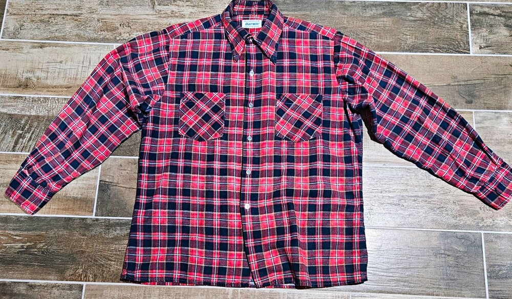 Vintage Darwin Plaid Flannel Shirt Medium Heavy Cotton Red Blue Grunge Workwear